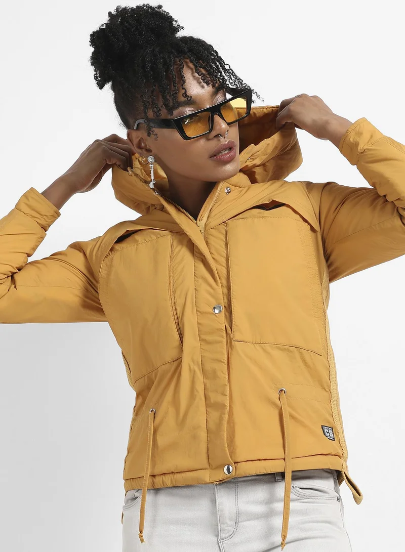 Campus Sutra Women's Yellow Solid Puffer Jacket With Tie-Up Details