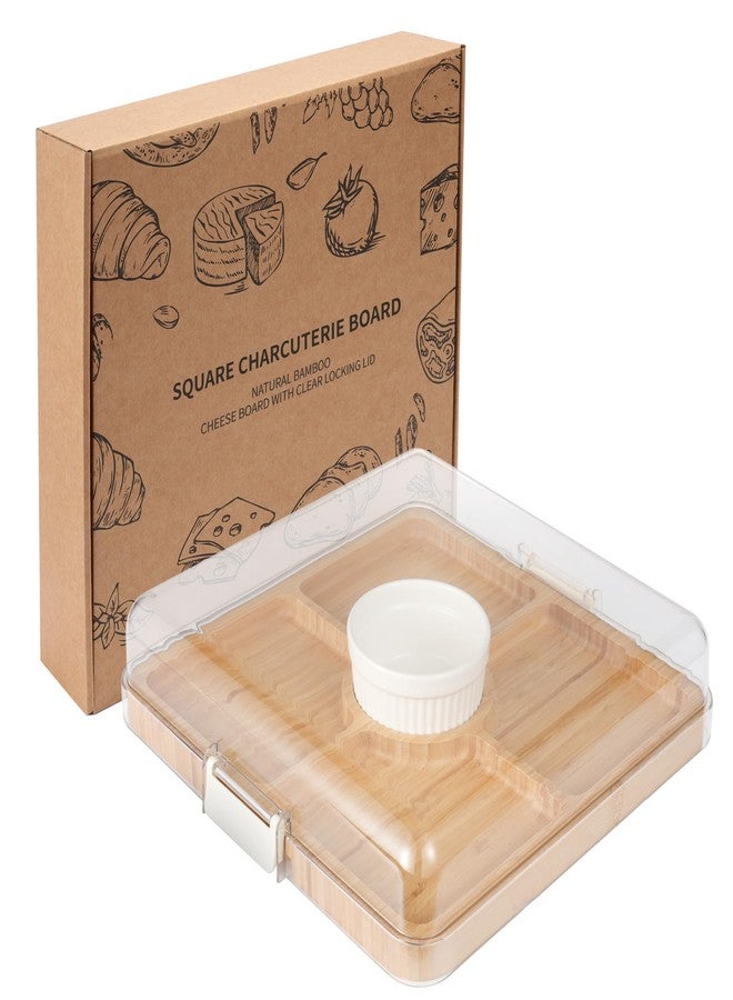 WILLKOMMEN Charcuterie Board with Lid- 5 Compartment Carbonized Bamboo Serving Tray with Locking Lid, Square Serving Platter Divided Serving Dishes for Party Cheese Snack Fruit - Image 1