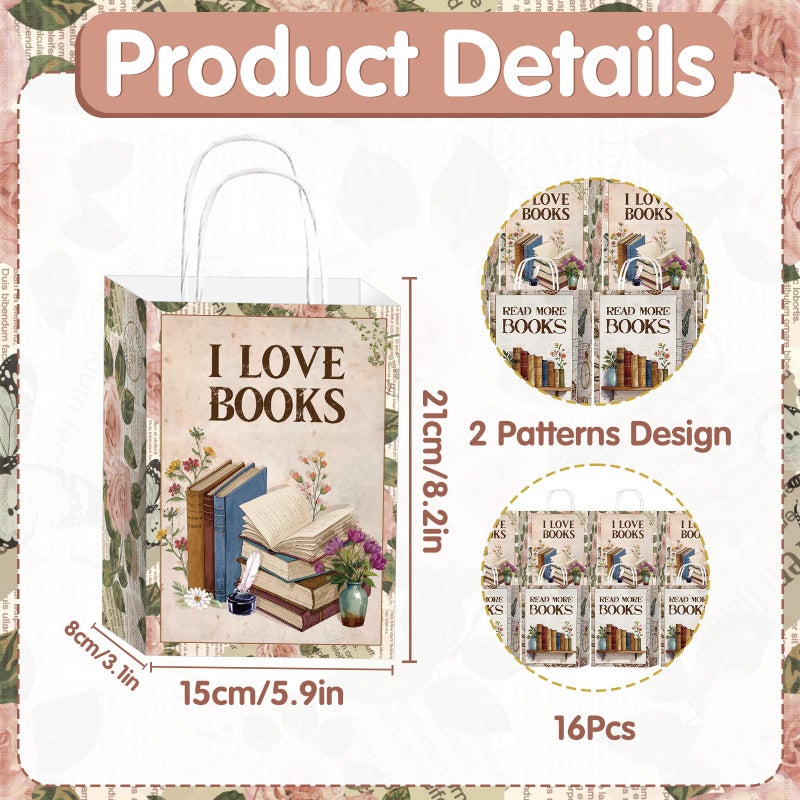 Wxiben Book Themed Party Decorations - 16 Pcs Book Club Party Favor Bags, Vintage Flower Goodie Candy Wrapping Paper Bags with Handles, Reading Theme Decor Supplies for Girls Women - Image 2