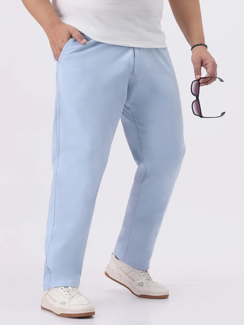 Urbano Plus Men's Light Sky Blue Cotton Regular Fit Casual Chinos Trousers Stretch