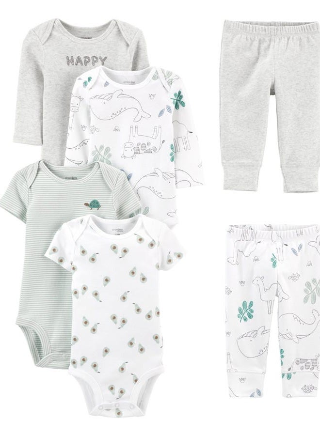Simple Joys by Carter's Baby 6-Piece Neutral Bodysuits (Short and Long Sleeve) and Pants Set Layette, Grey Heather/White Animal Print/Avocados/Stripes/Text Print, Premature - Image 1