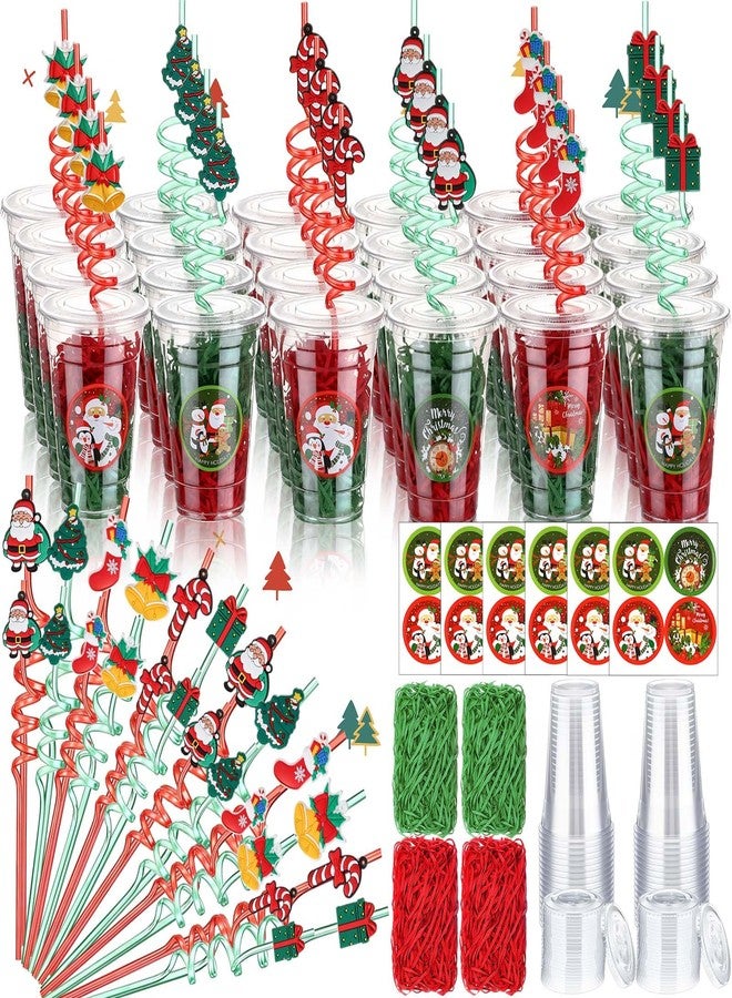 Vesici 124 Pcs Christmas Plastic Cups Bulk with Lids Straws Stickers Raffia Snowman Santa Claus Plastic Cups Xmas Disposable Clear Mugs Party Favor Holiday Birthday Wedding Party Supplies, 24 Sets - Image 1