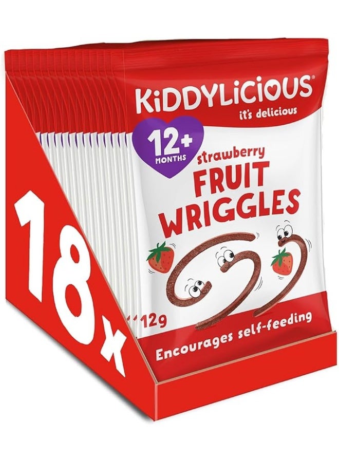 Kiddylicious Strawberry Wriggles Value Pack 12g x 18 | Real Fruit Snacks for Kids | Soft Chewy Finger Food for Babies 12+ Months | Healthy Lunch Box Snack | Gluten Free | No Artificial Preservatives