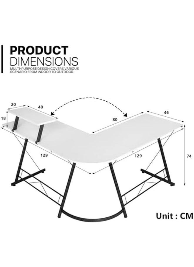 SKY-TOUCH - L Shaped Desk Gaming Desk With Large Monitor Stand Corner Computer Desk For Home Office Study Writing Workstation White 129 * 129 * 74 Cm - Image 1