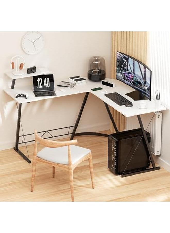 SKY-TOUCH - L Shaped Desk Gaming Desk With Large Monitor Stand Corner Computer Desk For Home Office Study Writing Workstation White 129 * 129 * 74 Cm - Image 1