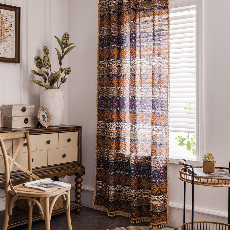 VOGOL Linen Textured Boho Curtains, Colorful Plaid Geo Design Light Filtering Drapes for Dining Room, Thermal Insulated Rod Pocket Window Treatment for Office, 52 x 84, 1 Pack - Image 1