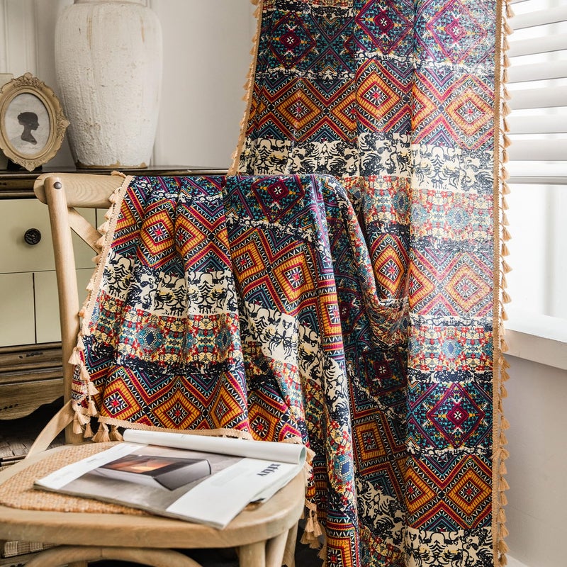 VOGOL Linen Textured Boho Curtains, Colorful Plaid Geo Design Light Filtering Drapes for Dining Room, Thermal Insulated Rod Pocket Window Treatment for Office, 52 x 84, 1 Pack - Image 2