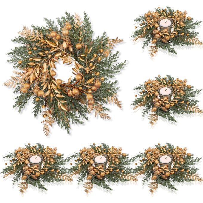 CHRISTMAS CANDLE RINGS WREATHS CHRISTMAS KITCHEN CABINET WREATHS ARTIFICIAL BERRY GARLAND PILLAR CANDLE RINGS FOR CENTERPIECE TABLE DECORATIONS6 PCS