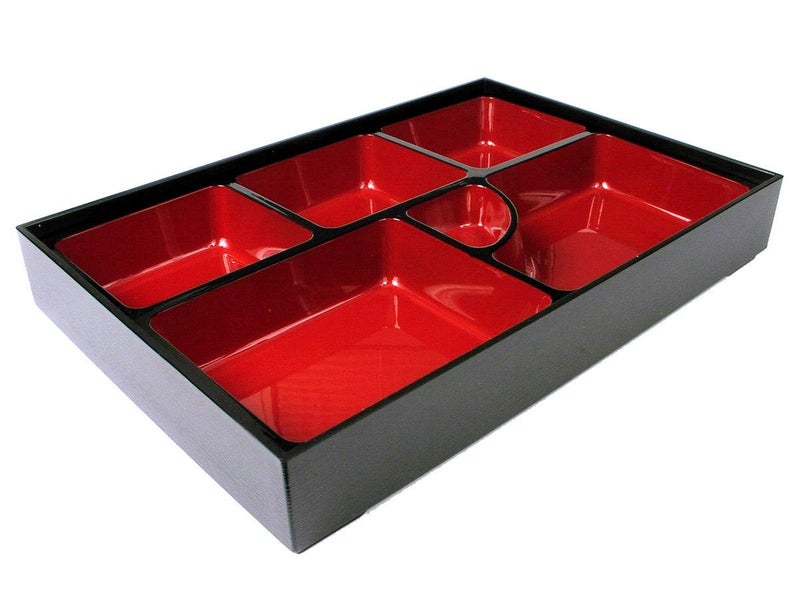 JapanBargain 1591, Red and Black Japanese Traditional Plastic Lacquered Lunch Bento Box 6 Compartments for Restaurant or Home Tray and Plate 2pc Set Made in Japan, 11.75"x9.5" - Image 1