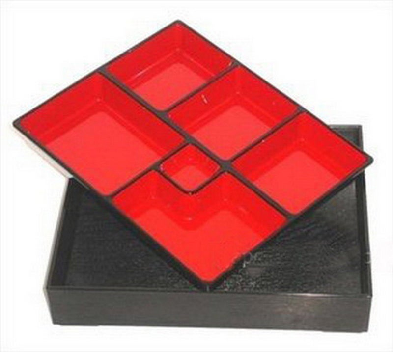JapanBargain 1591, Red and Black Japanese Traditional Plastic Lacquered Lunch Bento Box 6 Compartments for Restaurant or Home Tray and Plate 2pc Set Made in Japan, 11.75"x9.5" - Image 2