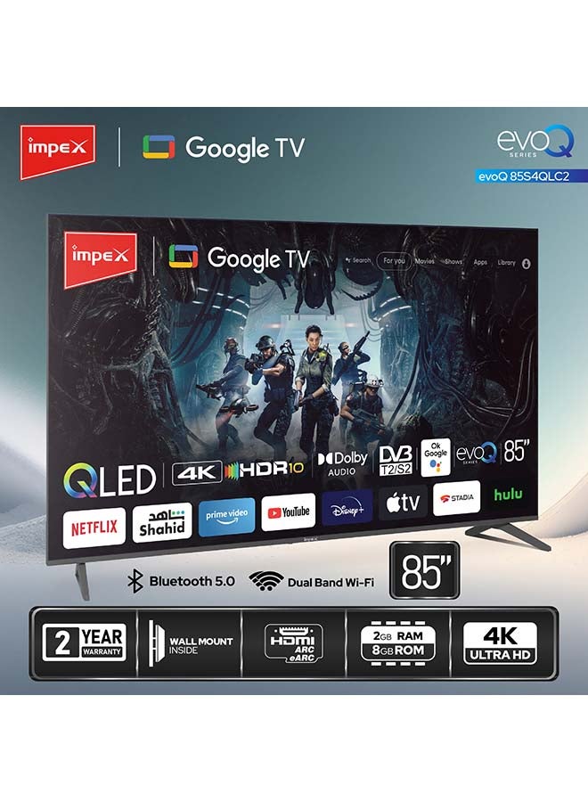 Impex 85 Inch 4K Ultra HD Smart QLED Google TV, Frameless Design, Dolby Audio,Voice Control Remote, Support Wi-Fi, Bluetooth, Optical, HDMI ARC With eARC& USB evoQ 85S4QLC2 black - Image 2
