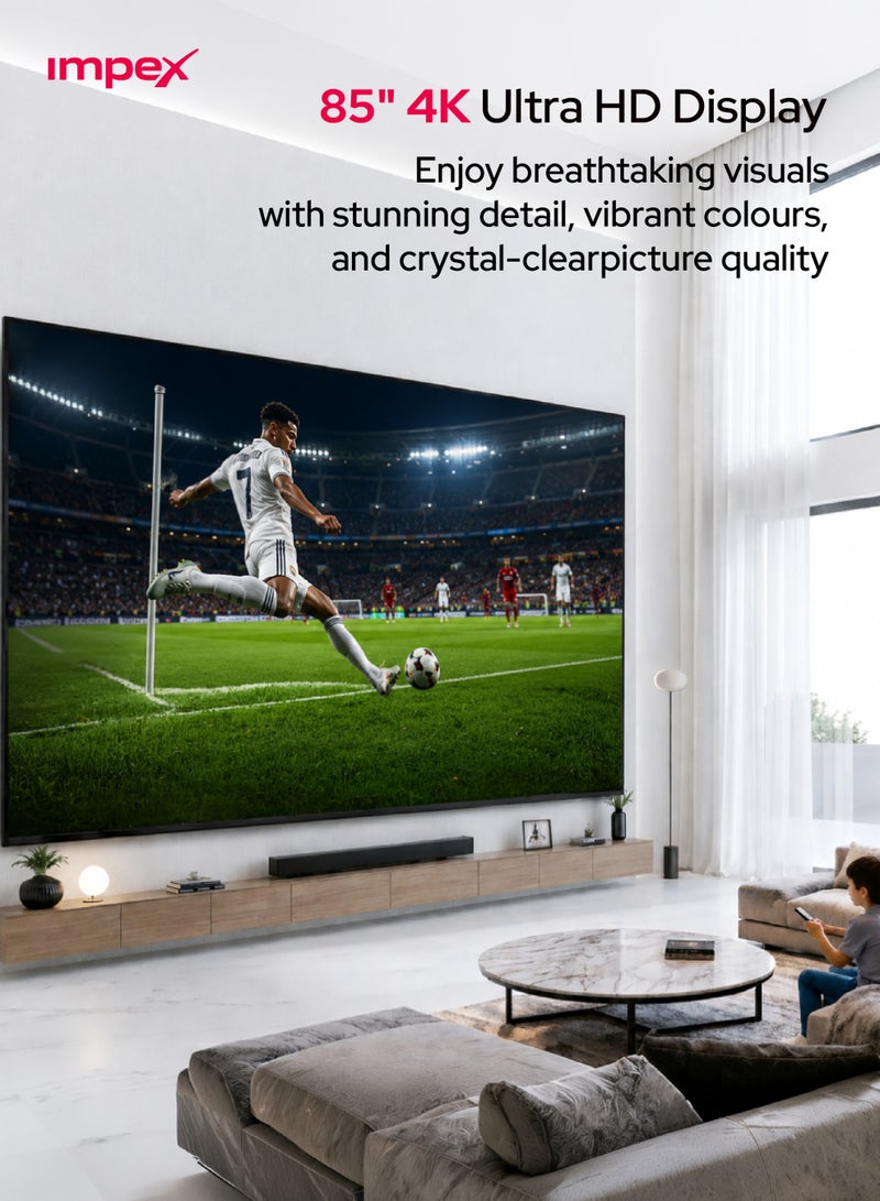Impex 85 Inch 4K Ultra HD Smart QLED Google TV, Frameless Design, Dolby Audio,Voice Control Remote, Support Wi-Fi, Bluetooth, Optical, HDMI ARC With eARC& USB evoQ 85S4QLC2 black - Image 2