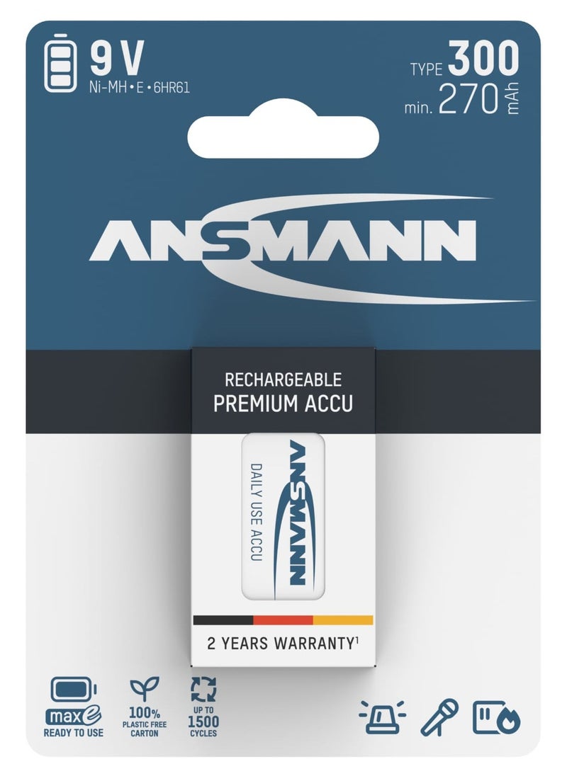 ANSMANN 9V Block Rechargeable Battery - 300Mah Nimh Low Self Discharge Maxe Technology  - Image 1