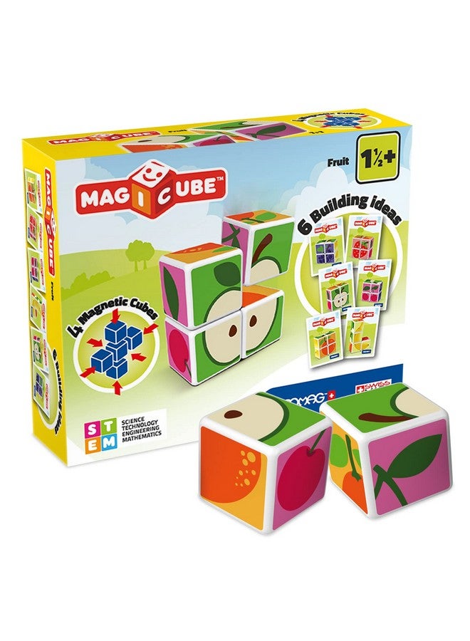 GEOMAG مجموعة مكعبات سحرية فواكه 4 قطع مكعبات مغناطيسية للتكديس للأطفال من عمر 1.5+ لعبة تعليمية STEM مصنوعة في سويسرا للإبداع والخيال والتعلم 6 أفكار بناء رائعة - Image 1