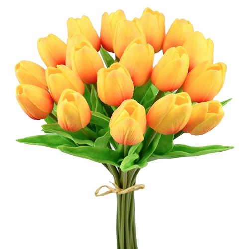 Mandy's Artificial Tulips 20 Stems Sunset PU Faux Flowers for Wedding Home Decor 13.5 Inch - Image 1