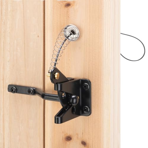 HILLMASTER Self Locking Gate Latch for Wooden Fence Heavy Duty,Gravity Lever Fence Door Latches with Steel Spring Cable Pull String Gate Hardware Gate Lock for Outdoor Secure Pool,Garden,Black Finish - Image 1