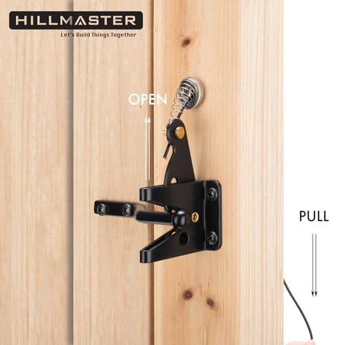 HILLMASTER Self Locking Gate Latch for Wooden Fence Heavy Duty,Gravity Lever Fence Door Latches with Steel Spring Cable Pull String Gate Hardware Gate Lock for Outdoor Secure Pool,Garden,Black Finish - Image 2
