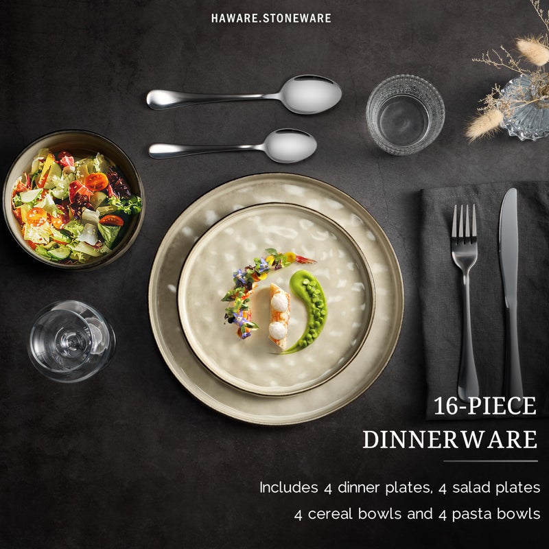HaWare Dinnerware Sets, 16-Piece Plates and Bowls Set, Stoneware Dish Set for 4, Ceramic Dishware Set for Pasta Cereal, Chip and Scratch Resistant, Microwave and Dishwasher Safe, Saturn Khaki - Image 3