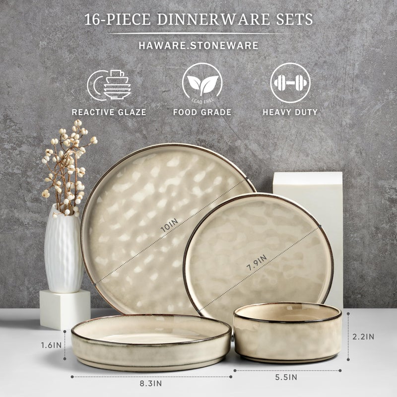 HaWare Dinnerware Sets, 16-Piece Plates and Bowls Set, Stoneware Dish Set for 4, Ceramic Dishware Set for Pasta Cereal, Chip and Scratch Resistant, Microwave and Dishwasher Safe, Saturn Khaki - Image 2