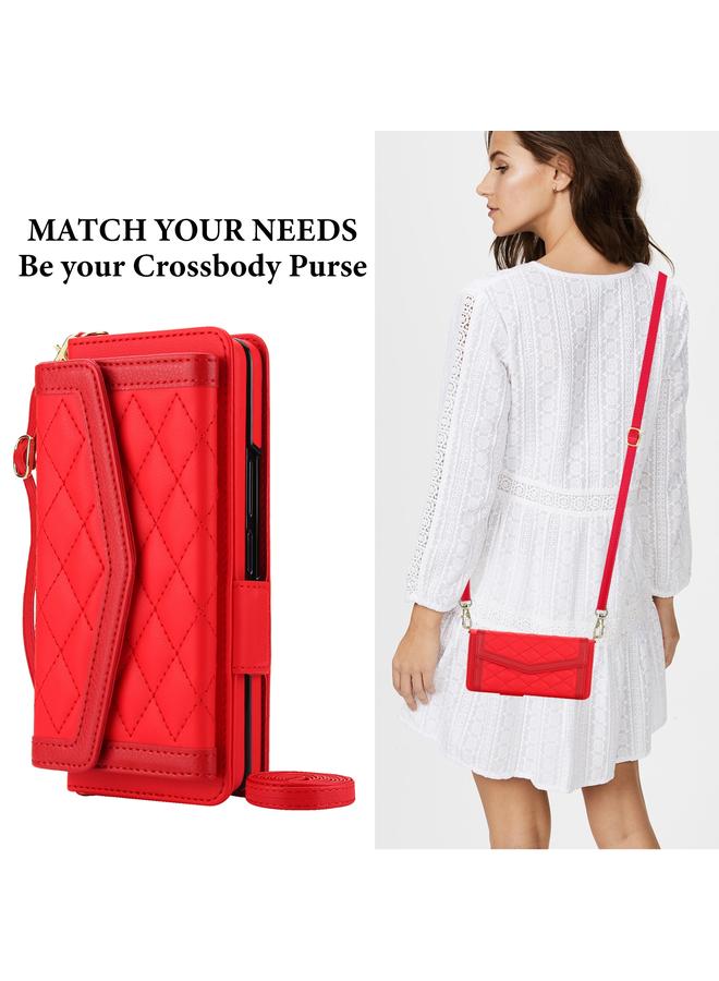 اس-توب جراب لهاتف Samsung Galaxy Z Fold3 5G جراب هاتف بحامل بطاقات من نسيج معيني متشابك مع حبل قصير، غير متضمن قلم - Image 4