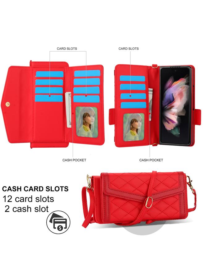 اس-توب جراب لهاتف Samsung Galaxy Z Fold3 5G جراب هاتف بحامل بطاقات من نسيج معيني متشابك مع حبل قصير، غير متضمن قلم - Image 2