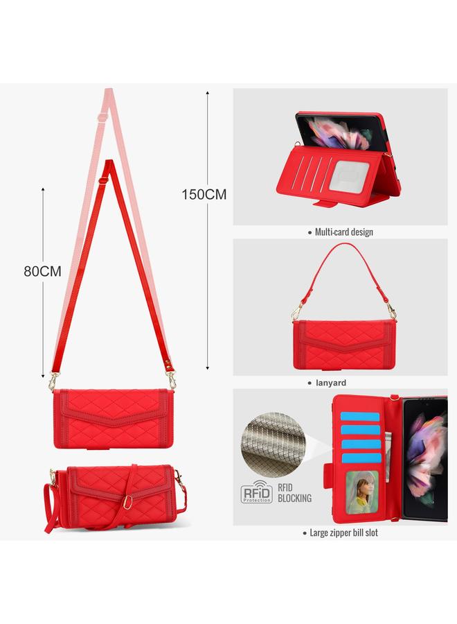 اس-توب جراب لهاتف Samsung Galaxy Z Fold3 5G جراب هاتف بحامل بطاقات من نسيج معيني متشابك مع حبل قصير، غير متضمن قلم - Image 3