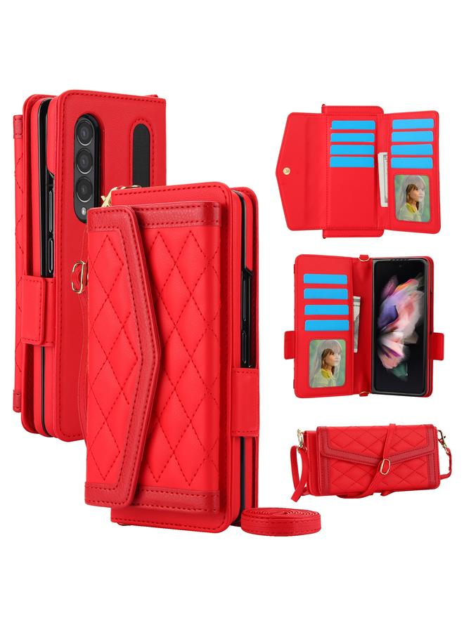 اس-توب جراب لهاتف Samsung Galaxy Z Fold3 5G جراب هاتف بحامل بطاقات من نسيج معيني متشابك مع حبل قصير، غير متضمن قلم - Image 1