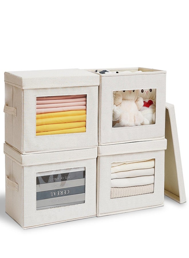 Anywish ITYLIFE CITYLIFE 4-Pack Storage Bins with Lids, Fabric Foldable Storage Bins with Soft Cord Handles, Cube Closet Storage Baskets with Lids, Organizers for Organizing Clothes and Books, Beige - Image 1