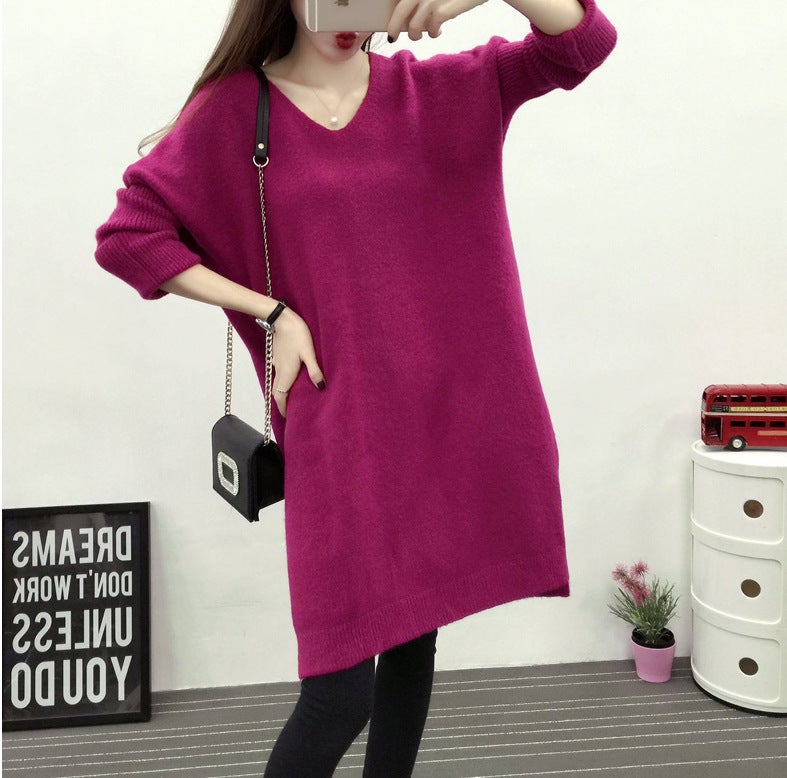 Autumn and Winter Clothes Batman Sleeve Midi Pullover Split Loose Solid Color Sweater Womens Knitwear Sweater Skirt Womens Skirt Fuchsia - Image 1