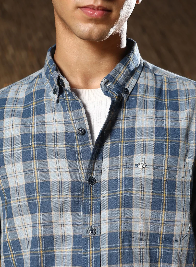 Campus Sutra Campus Sutra Men Button-Down Plaid Regular Shirt | Button-Down Collar Long Cuffed Sleeves | Button Closure Curved Hem | Plaid Plain | Woven Fabric For Casual & Office Wear | Steel Blue