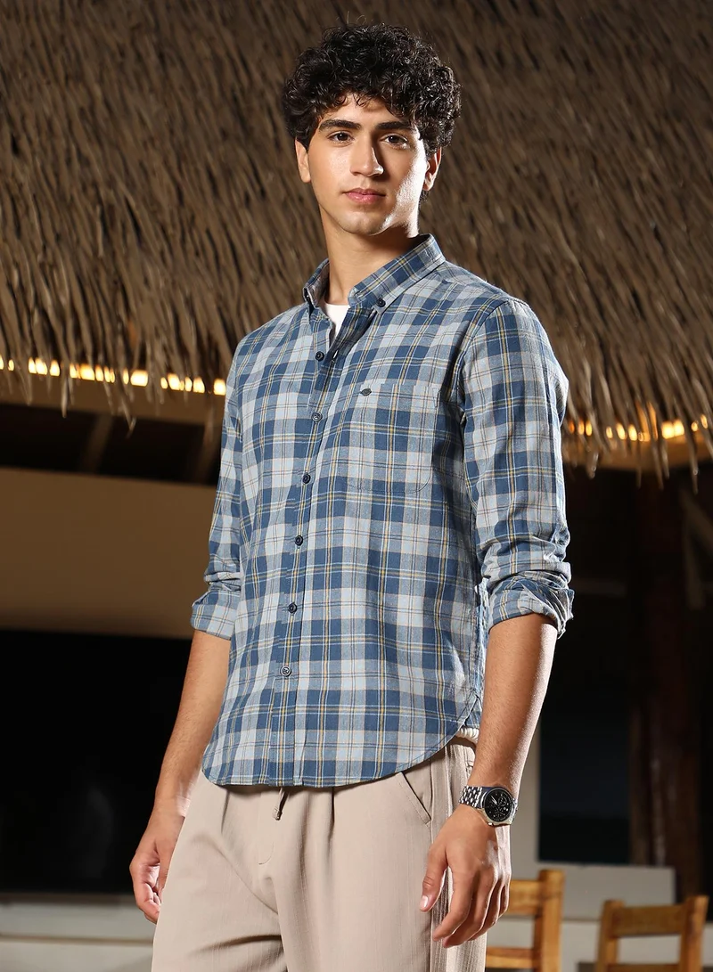 Campus Sutra Campus Sutra Men Button-Down Plaid Regular Shirt | Button-Down Collar Long Cuffed Sleeves | Button Closure Curved Hem | Plaid Plain | Woven Fabric For Casual & Office Wear | Steel Blue