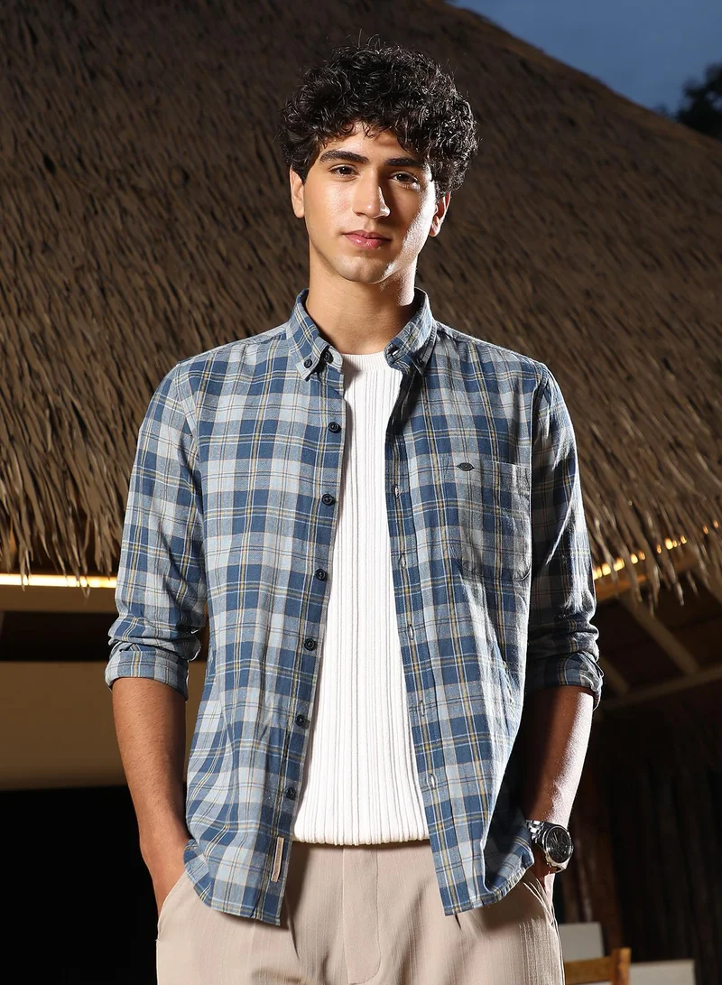 كامبوس سوترا Campus Sutra Men Button-Down Plaid Regular Shirt | Button-Down Collar Long Cuffed Sleeves | Button Closure Curved Hem | Plaid Plain | Woven Fabric For Casual & Office Wear | Steel Blue