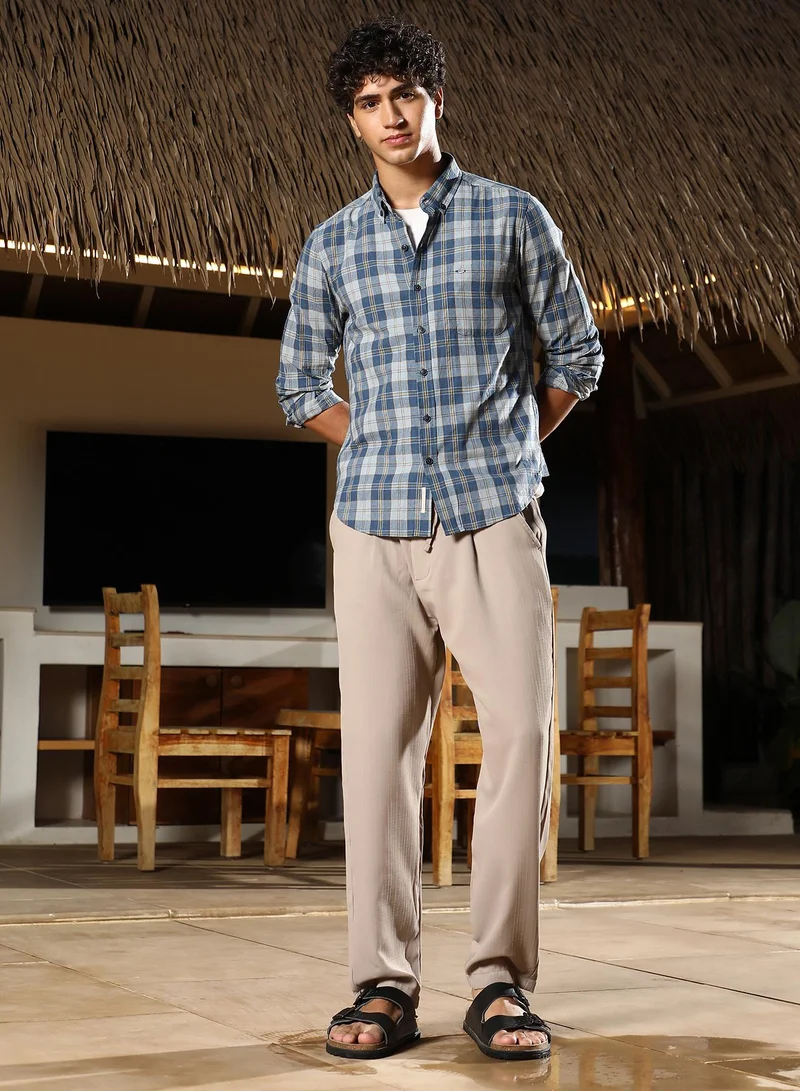 Campus Sutra Campus Sutra Men Button-Down Plaid Regular Shirt | Button-Down Collar Long Cuffed Sleeves | Button Closure Curved Hem | Plaid Plain | Woven Fabric For Casual & Office Wear | Steel Blue
