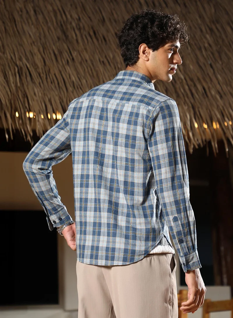 Campus Sutra Campus Sutra Men Button-Down Plaid Regular Shirt | Button-Down Collar Long Cuffed Sleeves | Button Closure Curved Hem | Plaid Plain | Woven Fabric For Casual & Office Wear | Steel Blue