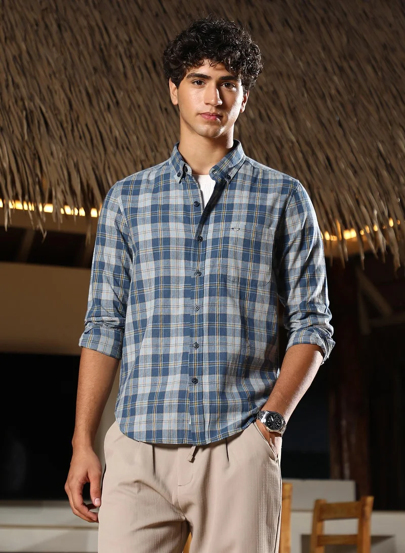 كامبوس سوترا Campus Sutra Men Button-Down Plaid Regular Shirt | Button-Down Collar Long Cuffed Sleeves | Button Closure Curved Hem | Plaid Plain | Woven Fabric For Casual & Office Wear | Steel Blue