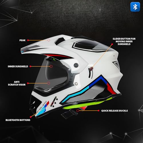 Steelbird SBH-13 Racer Bluetooth Off Road ISI Certified Motocross Double Visor Full Face Helmet Outer Clear Visor and Inner Smoke Sun Shield (Large 600 MM, Glossy White Red) - Image 3