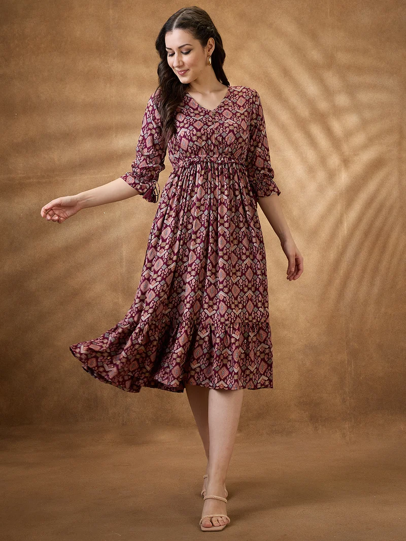 globus Women Burgundy Ethnic Motifs V-Neck Tie-Up Sleeves Frill Detail Tiered Midi A-Line Fusion Dress