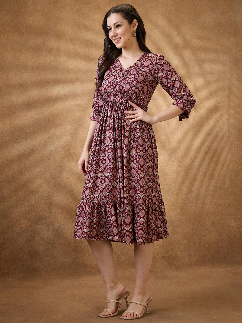 globus Women Burgundy Ethnic Motifs V-Neck Tie-Up Sleeves Frill Detail Tiered Midi A-Line Fusion Dress