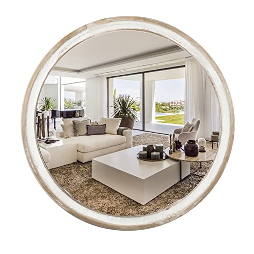 Reflinto 24 Inch Rustic Farmhouse Round Wall Mirror for Home Decor, Washwhite Wooden Circle Decorative Mirrors for Bathroom Over Sink, Bedroom, Entryway, Living Room, Kithen, Office - Image 1