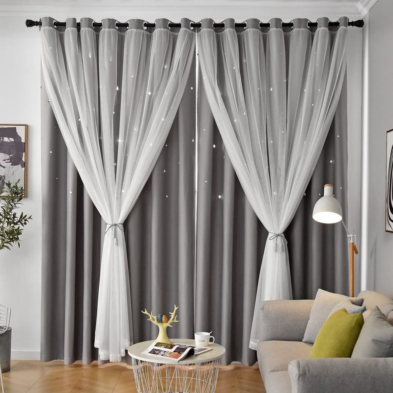 Loyala Star Curtains Blackout Curtains for Bedroom Kids Room Curtains Nursery Curtains Double Layer Curtains Kids Curtains for Boys 84 Inch Curtains 2 Panel Set Grey Curtains 52 X 84 Inches