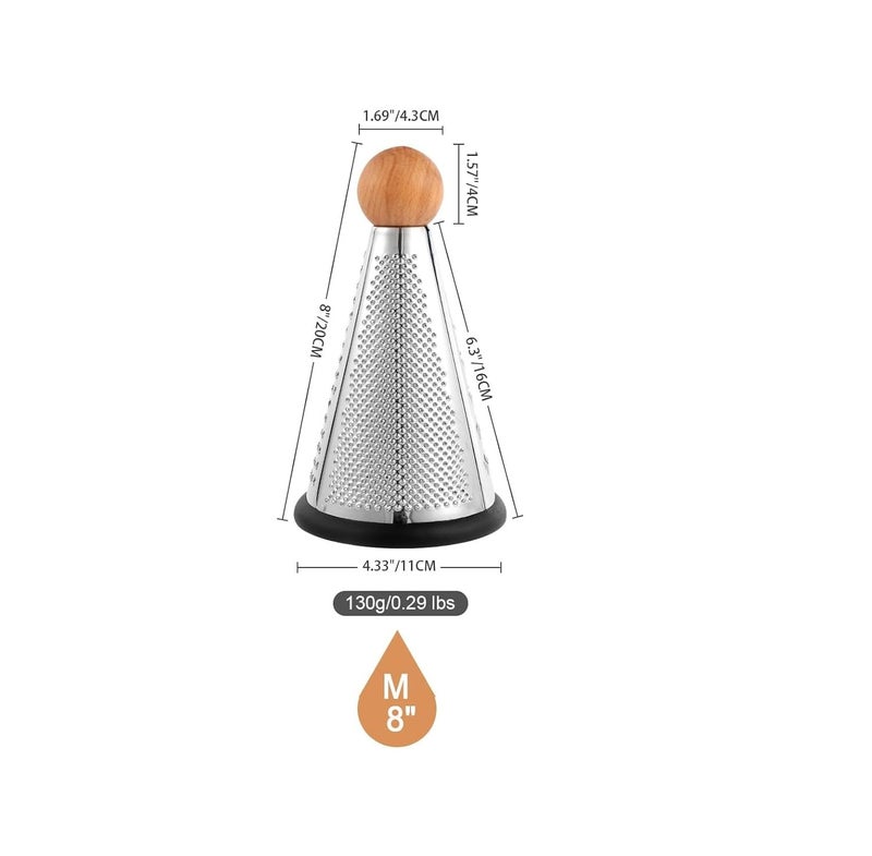PUTHAK Cone Parmesan Cheese Grater – Stainless Steel Multi-Function Handheld Vegetables Grater with Wooden Handle & Non-Slip Base (8" x 4.3") - Image 2
