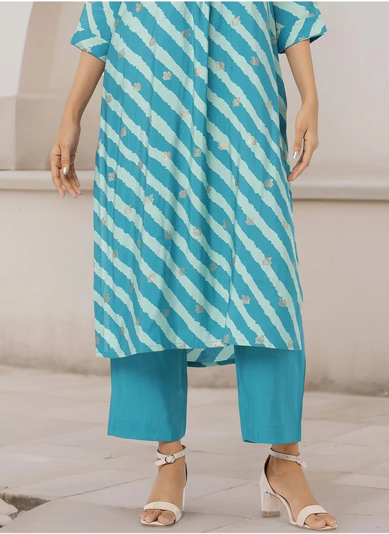 آي شين Women's Turquoise Modal Silk Embellished Tunic Full Length Palazzo Straight Fit Kurta Set