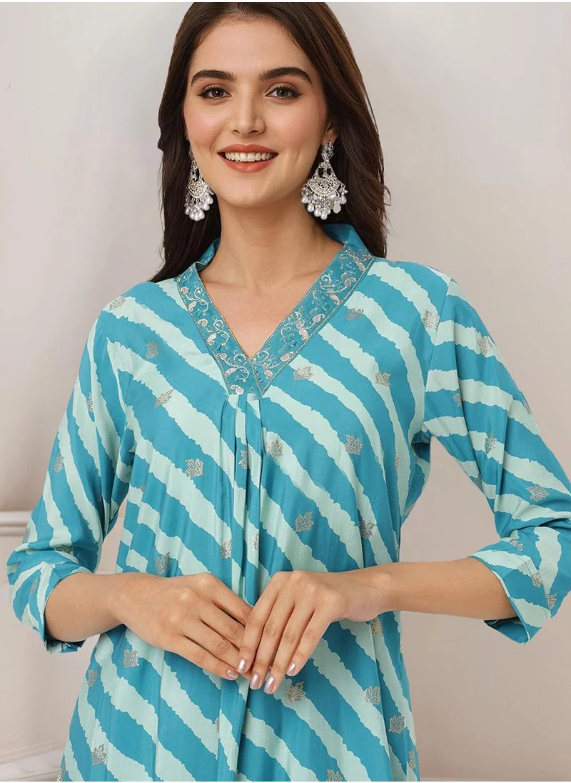 آي شين Women's Turquoise Modal Silk Embellished Tunic Full Length Palazzo Straight Fit Kurta Set