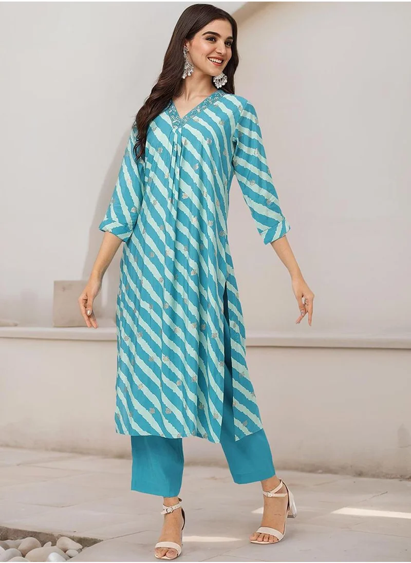 آي شين Women's Turquoise Modal Silk Embellished Tunic Full Length Palazzo Straight Fit Kurta Set