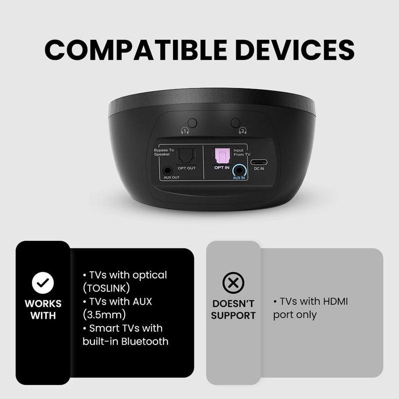 Avantree Medley Clear - Wireless Earbuds for TV Listening & Watching with Transmitter & Charging Dock, Clear Dialogue, Enhanced Volume, Soundbar Passthrough, 20H Bluetooth Neckband Headphones - Image 3