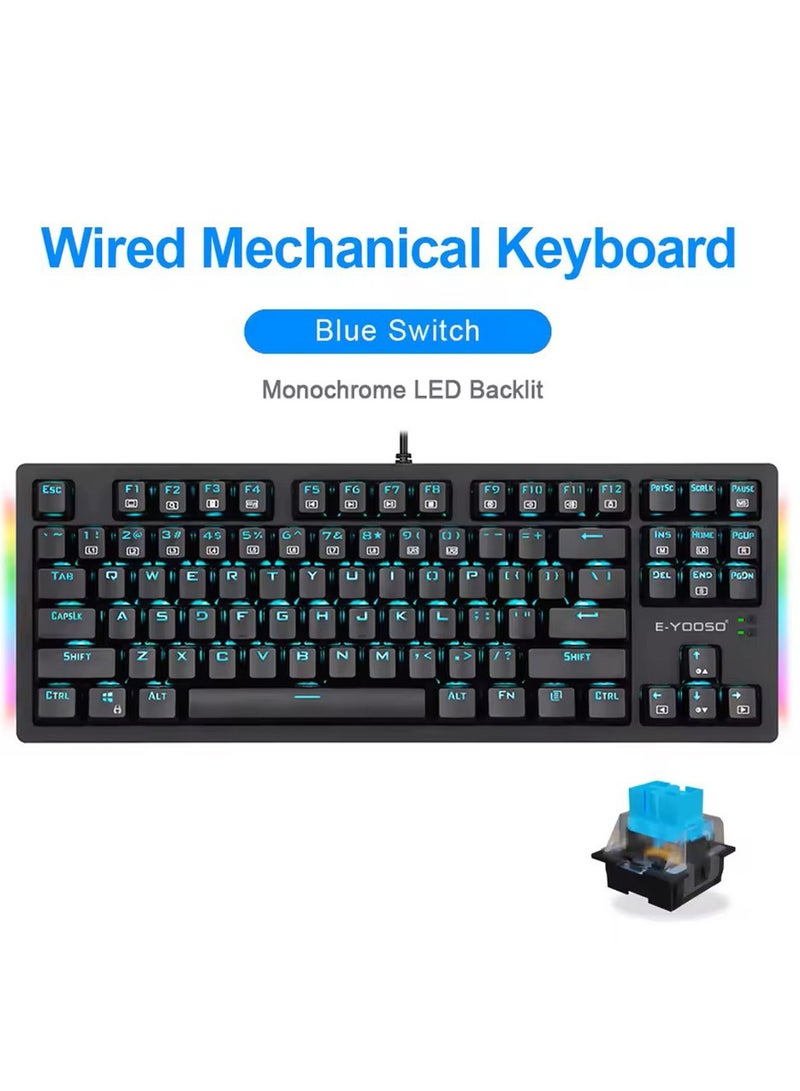 إي-يوسو لوحة مفاتيح الألعاب الميكانيكية K-620، 87 مفتاحًا، مفتاح أزرق، إضاءة خلفية بيضاء، تصميم صغير الحجم سلكي USB لأجهزة الكمبيوتر الشخصية والكمبيوتر المحمول - Image 4