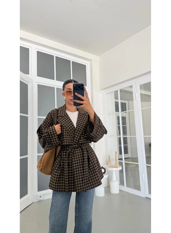 Coffee-Lined Checkered Belted Premium Trench Coat GAUS-01895.