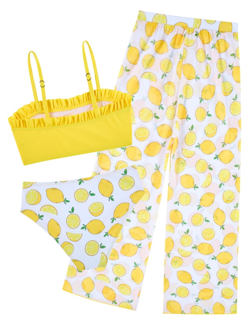 Vogseek Size 7-8 Girls Yellow Lemon Swimsuits with Rash Guard Pants Big Girl's Cute Sports Bathing Suits 7 8 Year Old Kids 3 Pieces Bikini Sunsuits UPF 50 Tulle Long Pants for Hawaiian Beach Holiday Cover Ups - Image 2