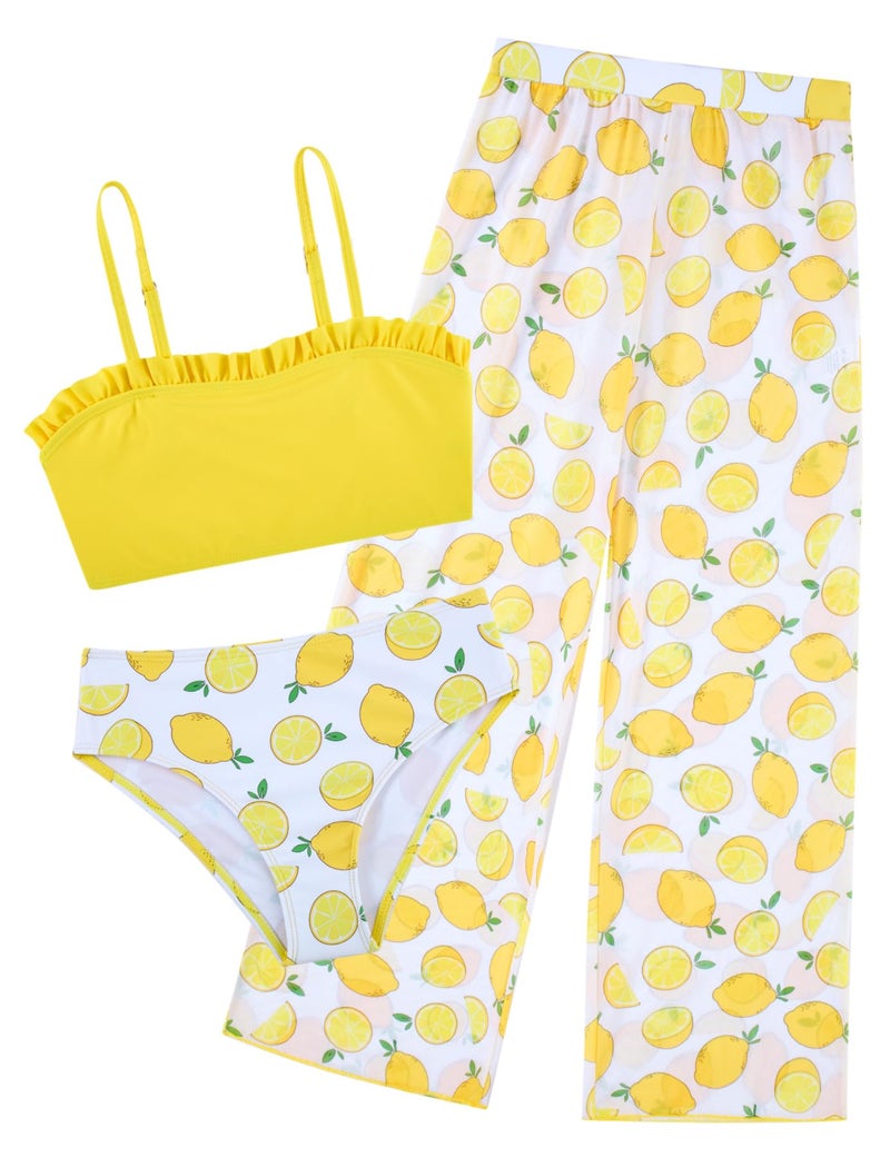 Vogseek Size 7-8 Girls Yellow Lemon Swimsuits with Rash Guard Pants Big Girl's Cute Sports Bathing Suits 7 8 Year Old Kids 3 Pieces Bikini Sunsuits UPF 50 Tulle Long Pants for Hawaiian Beach Holiday Cover Ups - Image 1