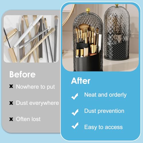 maycreate حامل فرش المكياج MAYCREATE® مع غطاء، منظم فرش المكياج الدوار 360 درجة، علبة تنظيم أدوات التجميل المقاومة للغبار والشفافة لتخزين أدوات العناية بالبشرة للمكتب على الطاولة - أسود - Image 5